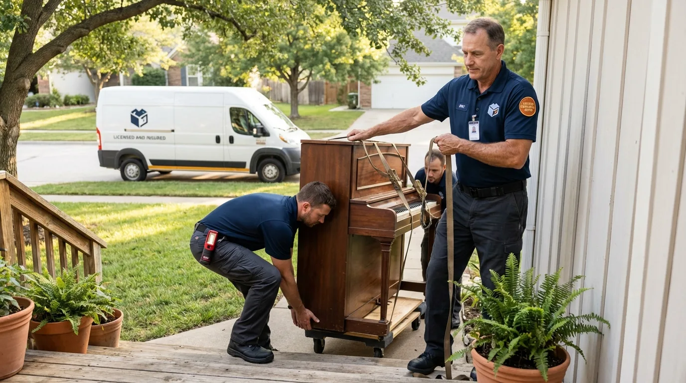 Licensed piano movers securing grand piano in Friend, NE