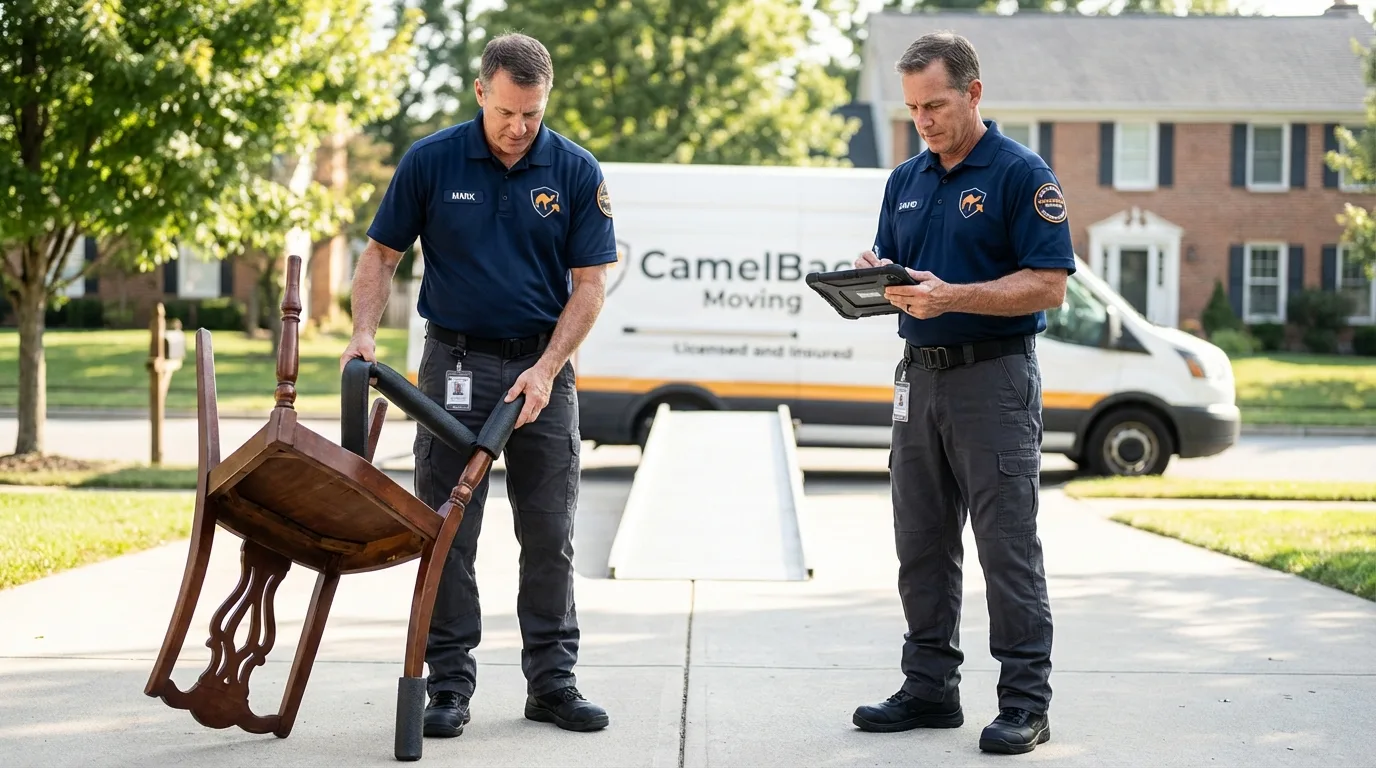 Movers inspecting furniture for damage prevention before loading in Friend, NE