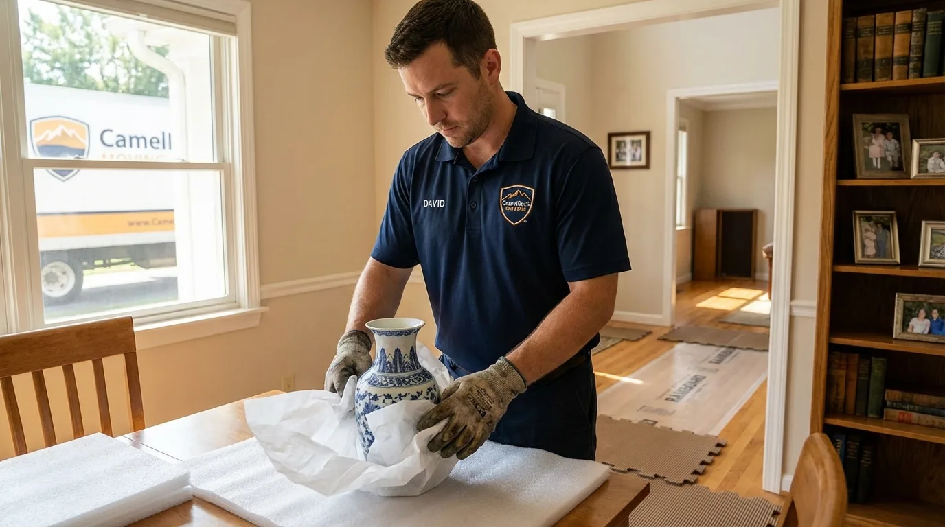 Professional crew carefully wrapping antique vase for senior downsizing move in Friend, NE
