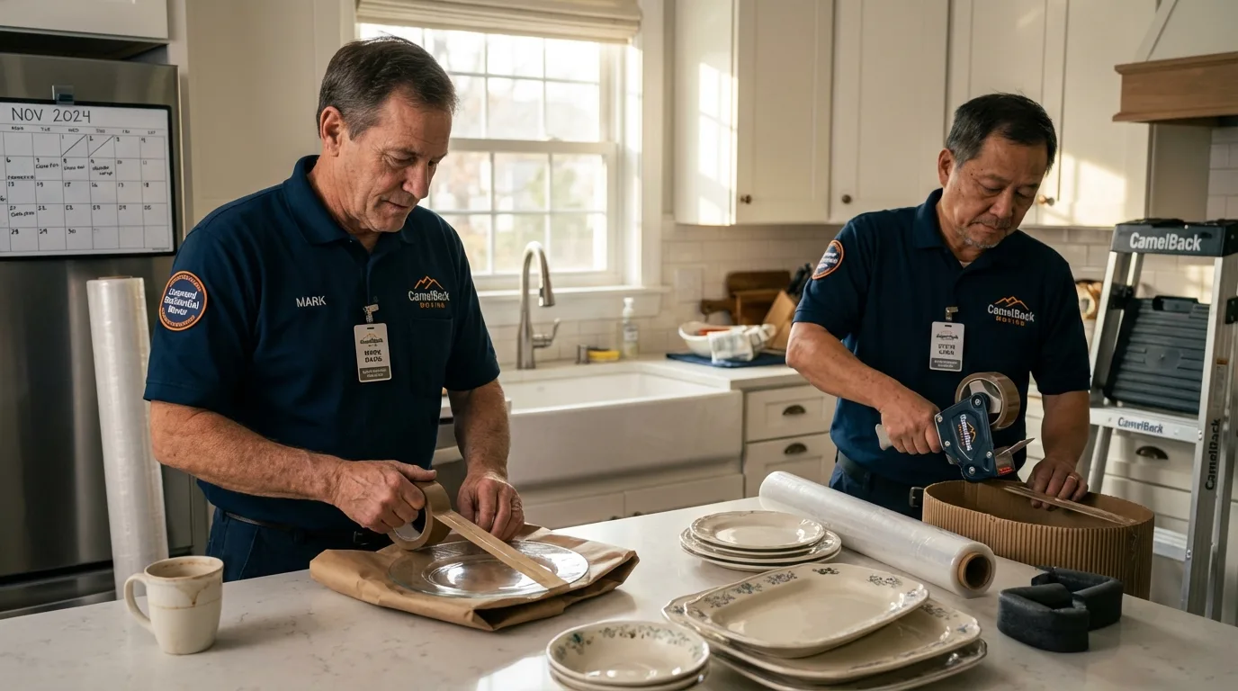 Professional crew packing kitchen dishware in Friend, NE